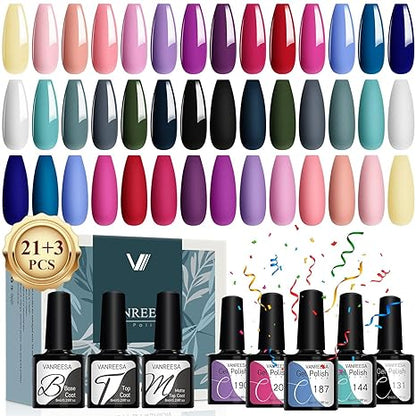 24-Piece Gel Nail Polish Set 21 colors, base coat, glossy & matte top coats, perfect for at-home manicures or as a gift.