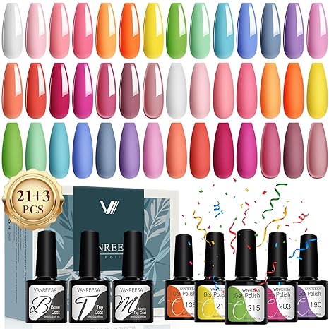 24-Piece Gel Nail Polish Set 21 colors, base coat, glossy & matte top coats, perfect for at-home manicures or as a gift.