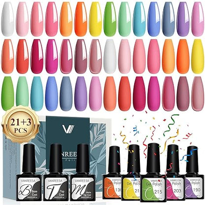 24-Piece Gel Nail Polish Set 21 colors, base coat, glossy & matte top coats, perfect for at-home manicures or as a gift.