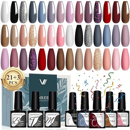 24-Piece Gel Nail Polish Set 21 colors, base coat, glossy & matte top coats, perfect for at-home manicures or as a gift.