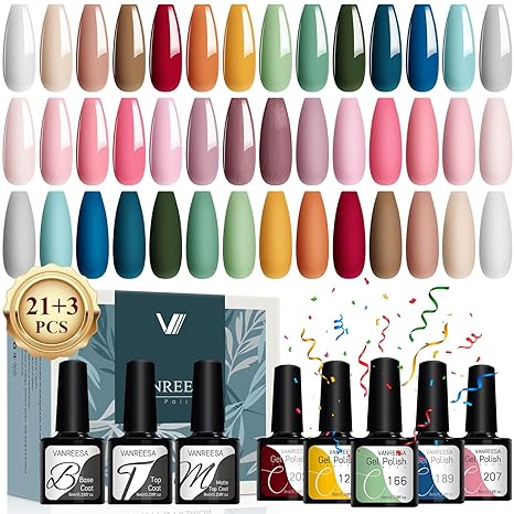 24-Piece Gel Nail Polish Set 21 colors, base coat, glossy & matte top coats, perfect for at-home manicures or as a gift.